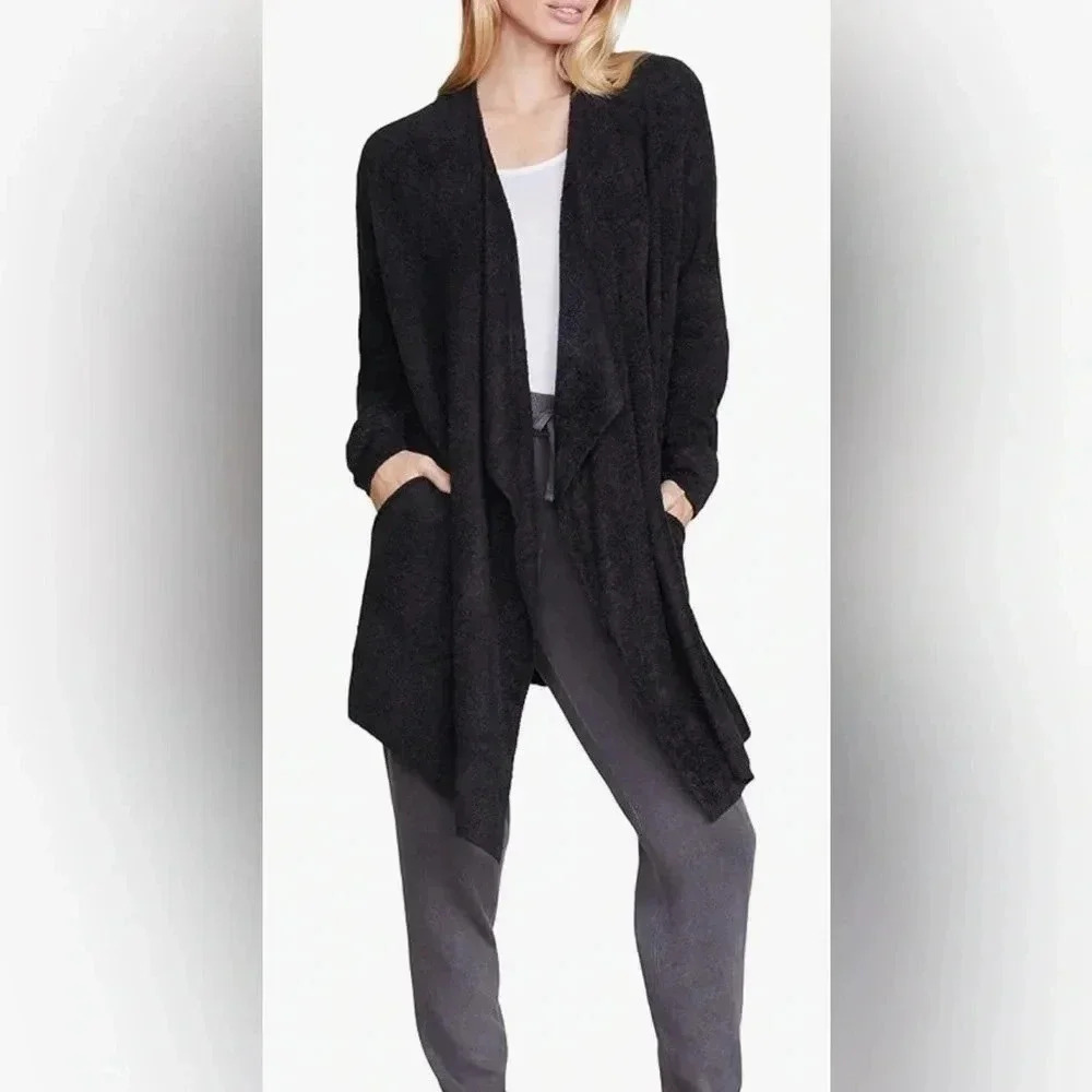 Barefoot dreams medium cozy chic black long hooded cardigan